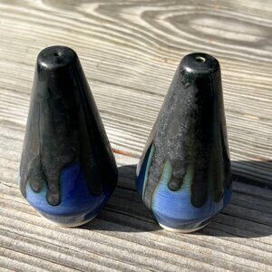 VTG Drip Glaze Ceramic Conical Blue Black Salt & Pepper Shaker Set, 3.5 in MCM